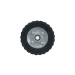 Llanta sólida para carretilla bulto 7 pulgadas Pretul, vista frontal del rin gris con tornillos y neumático negro
