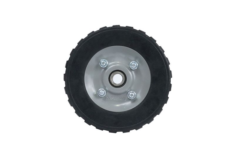 Llanta sólida para carretilla bulto 7 pulgadas Pretul, vista frontal del rin gris con tornillos y neumático negro