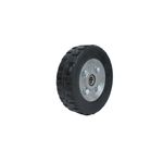 Llanta sólida para carretilla bulto 7 pulgadas Pretul, vista lateral del rin gris con tornillos y llanta negra