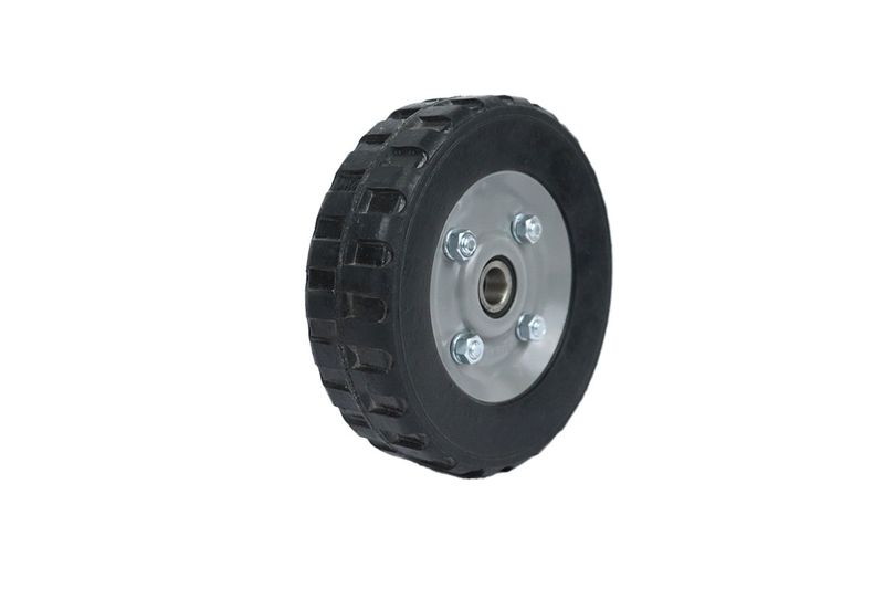 Llanta sólida para carretilla bulto 7 pulgadas Pretul, vista lateral del rin gris con tornillos y llanta negra