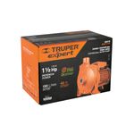 Bomba centrífuga para agua 110V Truper de 1-1/2 HP, vista frontal de su caja con ilustración del equipo y especificaciones