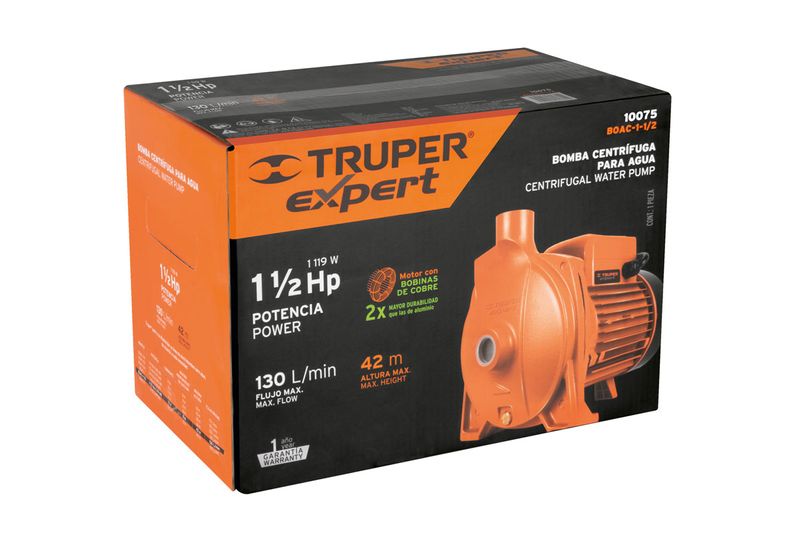Bomba centrífuga para agua 110V Truper de 1-1/2 HP, vista frontal de su caja con ilustración del equipo y especificaciones