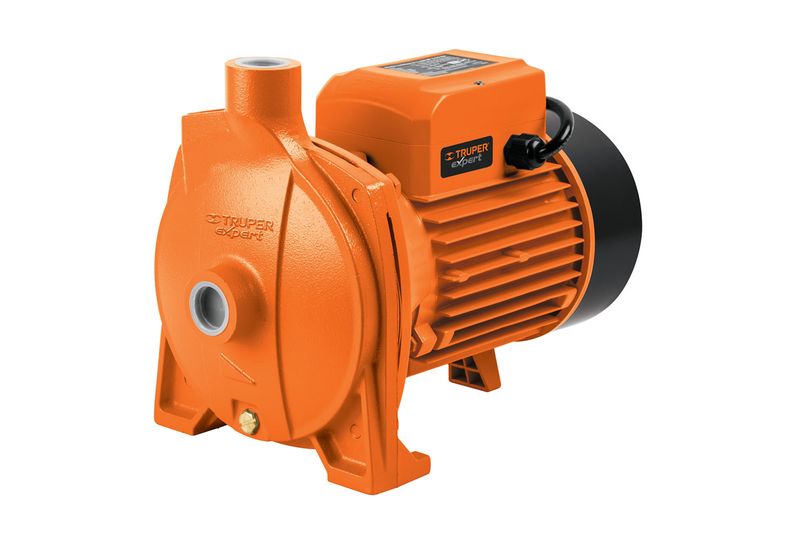 Bomba centrífuga para agua 110V Truper de 1-1/2 HP, equipo en color naranja con motor eléctrico y base de soporte
