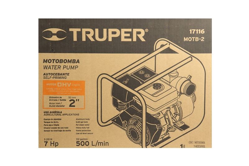 Motobomba a gasolina para riego agrícola Truper de 7 HP y 2 pulgadas, empaque de cartón con ilustración técnica