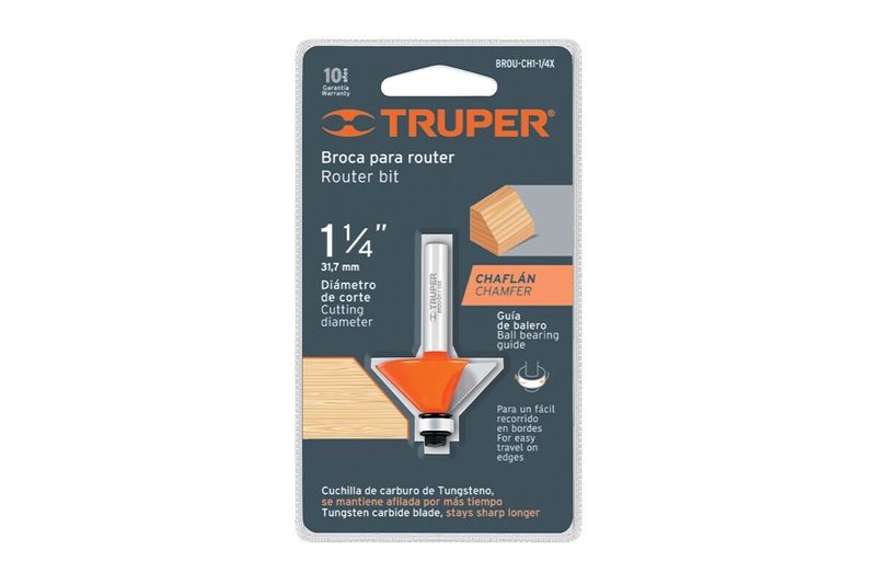 Broca para router chaflán Truper de 1/4 x 1-1/4 pulgadas, en su empaque blister con ilustraciones de cortes en madera