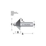 Broca para router chaflán Truper de 1/4 x 1-1/4 pulgadas, gráfico técnico con letras y líneas de medidas
