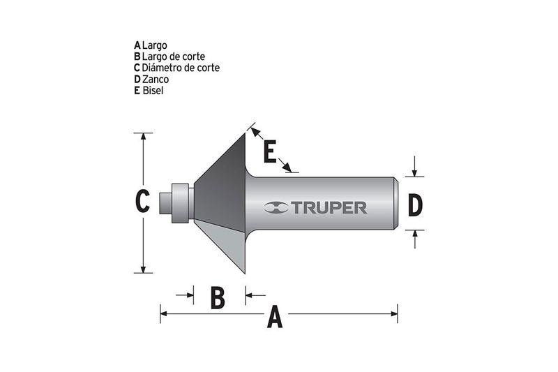Broca para router chaflán Truper de 1/4 x 1-1/4 pulgadas, gráfico técnico con letras y líneas de medidas