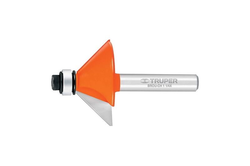 Broca para router Truper de chaflán 1/4 x 1-1/4 pulgadas, vista lateral con cuerpo metálico y protector naranja