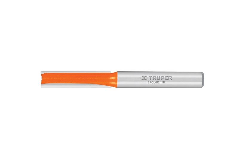 Broca para router Truper de dos filos de 5/16 pulgadas x 1 pulgada, vista lateral con cuerpo naranja y vástago plateado