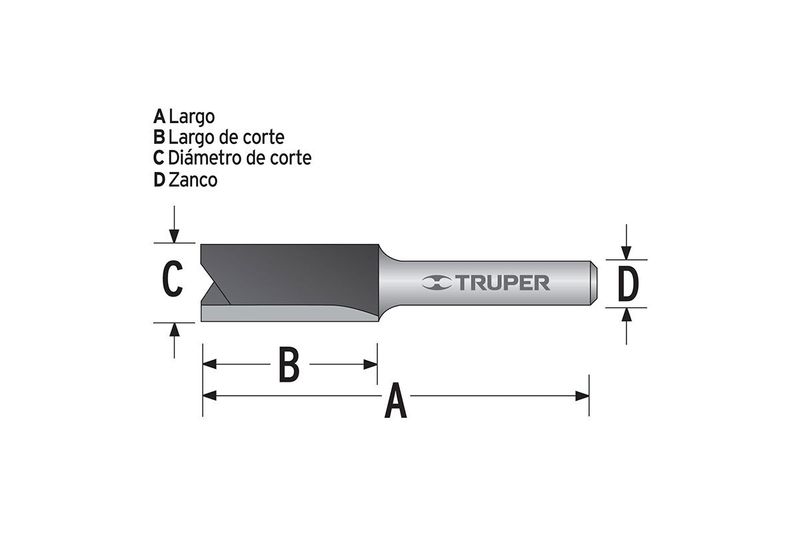 Broca para router dos filos 5/16 pulgadas x 1 pulgada Truper, gráfico técnico con letras y flechas de medidas
