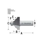 Broca para router Truper de moldura clásica 1-1/8" x 1/2", esquema técnico con letras que indican las medidas del equipo