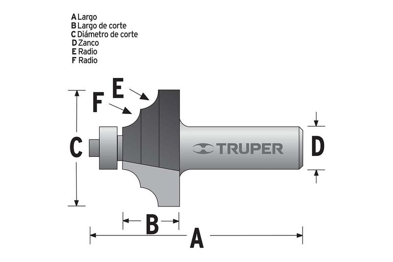 Broca para router Truper de moldura clásica 1-1/8" x 1/2", esquema técnico con letras que indican las medidas del equipo