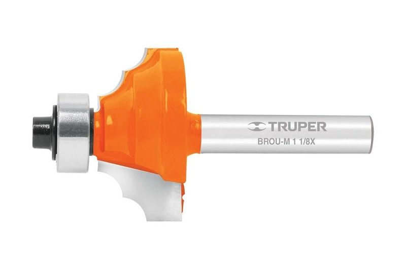 Broca para router moldura clásica Truper de 1-1/8" x 1/2", vista lateral del cuerpo naranja y vástago plateado