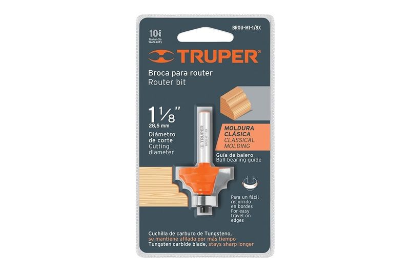 Broca para router moldura clásica 1-1/8" x 1/2" Truper, en su empaque con ilustración del corte y la pieza