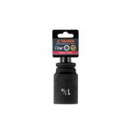 Llave copa de impacto largo Truper de 3/4" x 17/16" y 6 puntas, vista frontal en su empaque de cartón negro y rojo