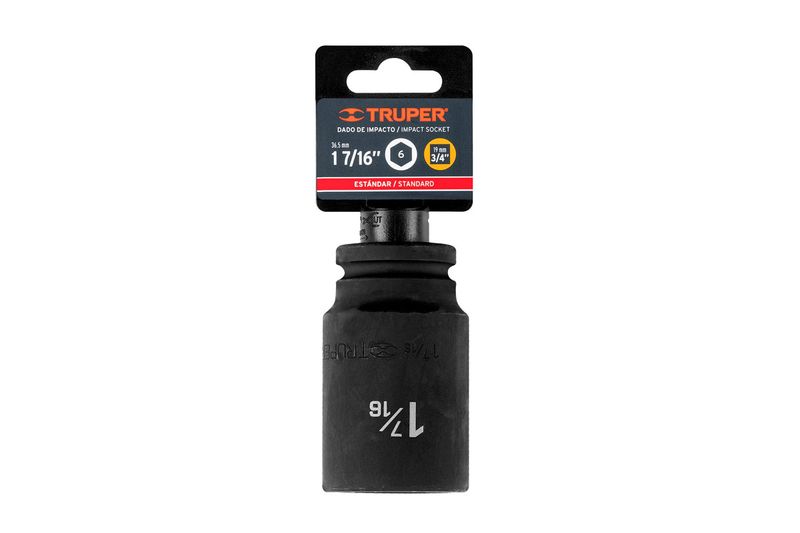 Llave copa de impacto largo Truper de 3/4" x 17/16" y 6 puntas, vista frontal en su empaque de cartón negro y rojo