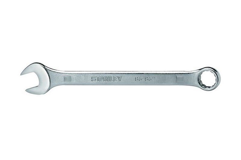 Llave combinada 12 puntas Stanley de 18 mm, vista lateral completa sobre fondo blanco
