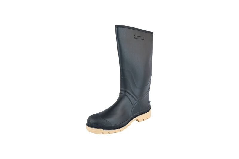 Bota de hule negra 40 Montana, vista lateral completa con suela de color beige