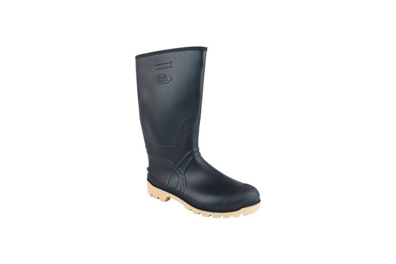 Bota de hule negra 40 Montana, vista lateral completa con suela beige y logo grabado en la caña