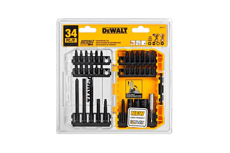 Juego de punta de impacto 34 pzs DeWALT, kit organizado en estuche plástico transparente con puntas negras y base amarilla