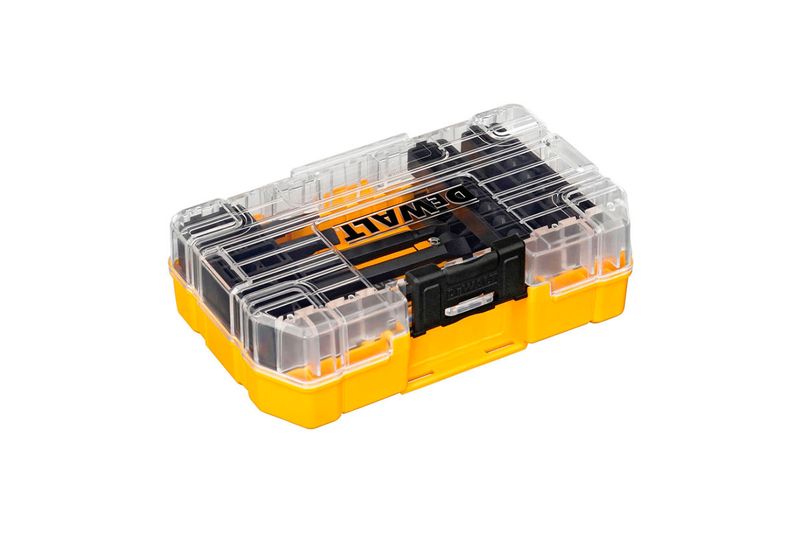 Juego de punta de impacto 34 pzs DeWALT, estuche protector amarillo con tapa transparente cerrado visto desde arriba