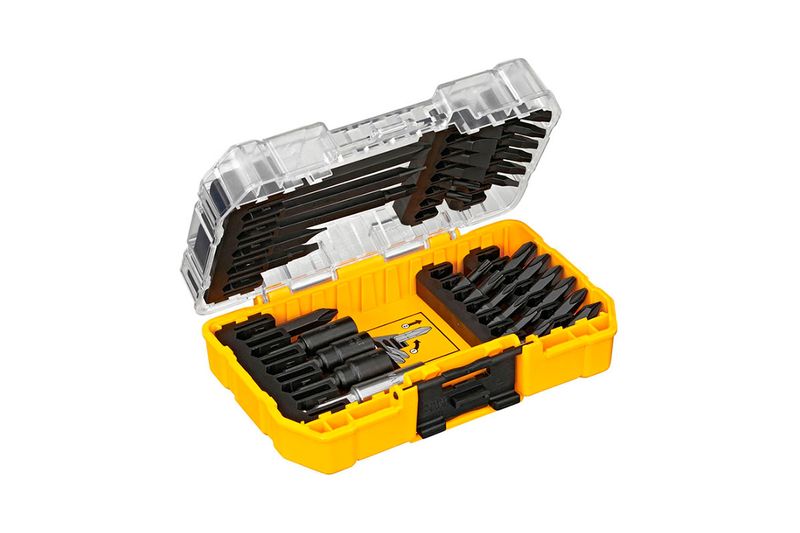 Juego de punta de impacto 34 pzs DeWALT, estuche amarillo abierto con puntas negras organizadas en compartimentos
