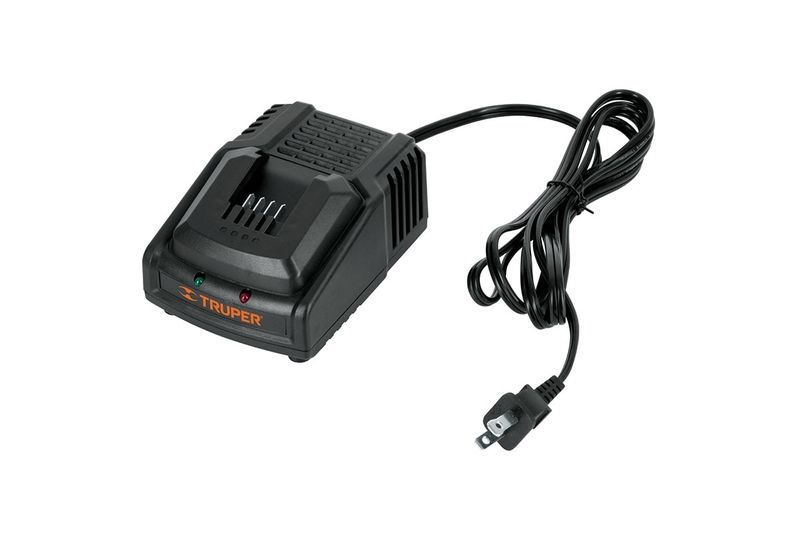 Cargador para batería 18 V Truper, equipo negro con cable de alimentación y luces indicadoras frontales