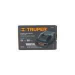 Cargador para batería 18V Truper, empaque de cartón negro con ilustración del equipo y especificaciones técnicas