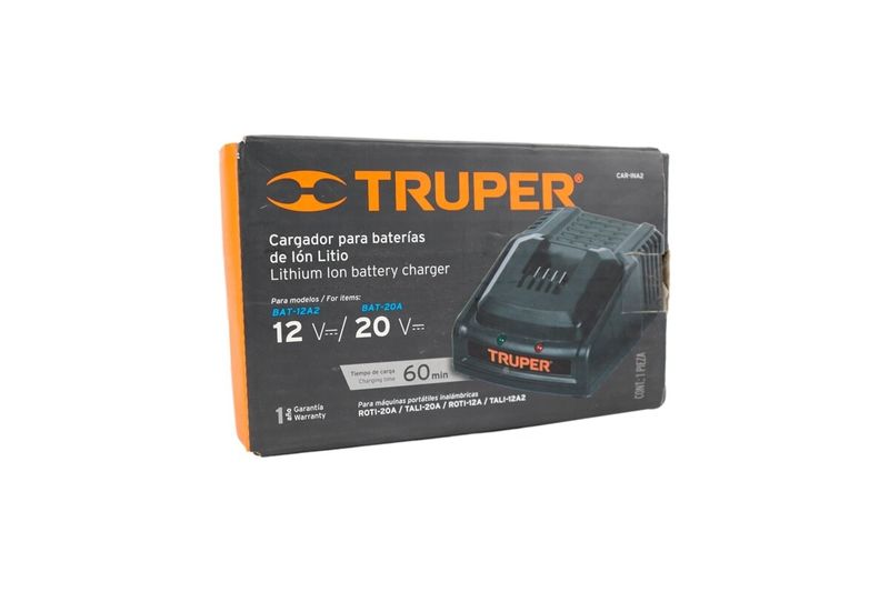Cargador para batería 18 V Truper, caja de cartón con ilustración del equipo y especificaciones técnicas