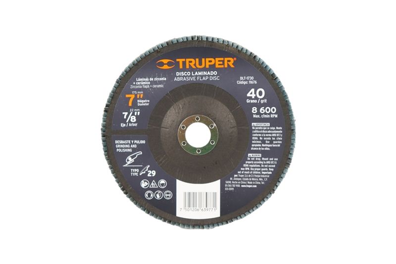 Disco laminado 7 pulgadas grano 40 Truper, vista frontal del disco con etiqueta azul y centro metálico