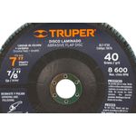 Disco laminado 7 pulgadas grano 40 Truper, primer plano de la etiqueta frontal con especificaciones técnicas