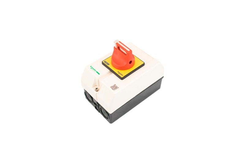 Seccionador 3F Vario Schneider Electric de 25 amp, vista lateral en ángulo con perilla roja y base blanca y negra