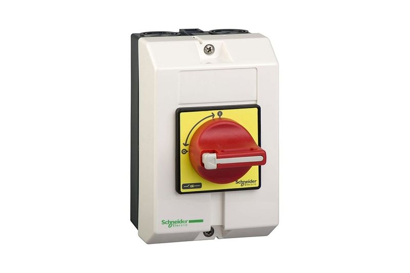 Seccionador 3F Vario Schneider Electric de 25 amp, frente con perilla giratoria roja y base de plástico blanco