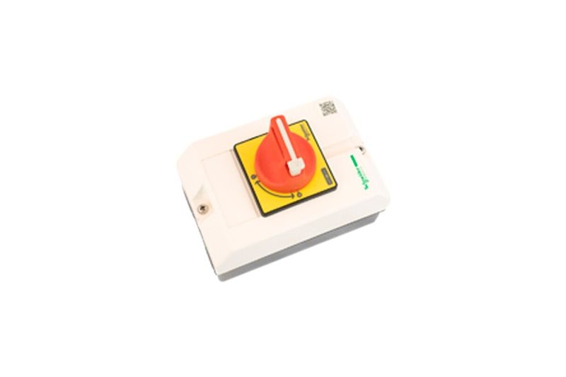 Seccionador 3F Vario Schneider Electric de 25 amp, vista en perspectiva desde arriba con perilla roja y base blanca