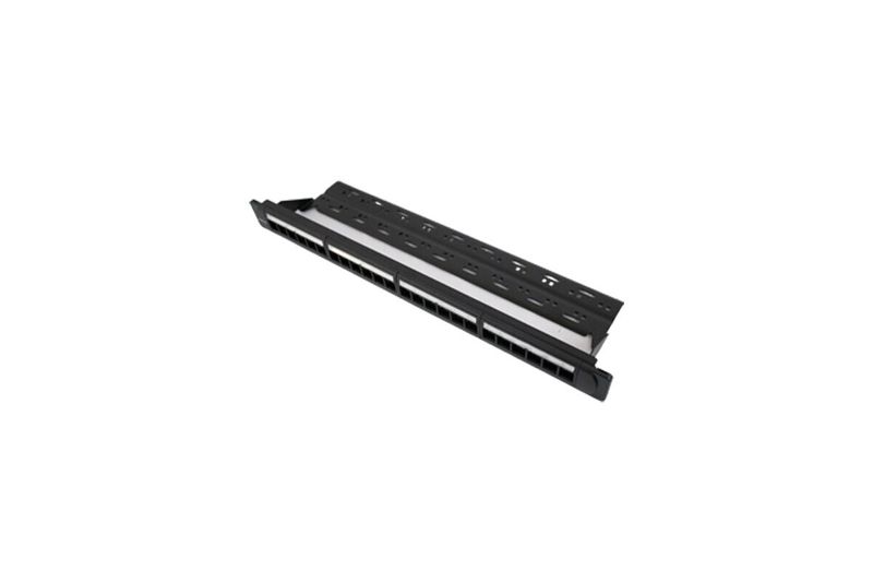 Patch panel de 24 puertos vacío Newlink, vista en ángulo desde arriba que muestra el chasis negro y el soporte blanco