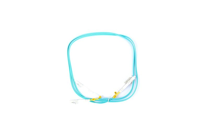 Patch cord duplex Newlink de 1 metro LC-LC OM3, cable de color turquesa con conectores blancos y amarillos