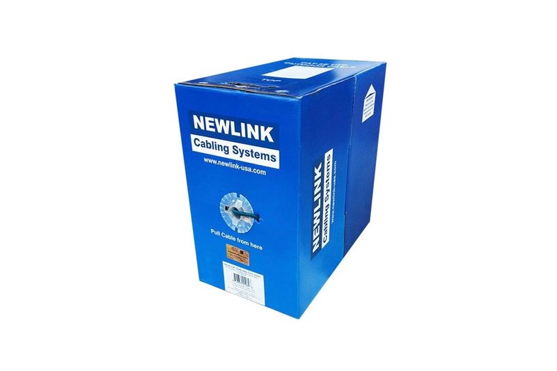 Cable UTP 4 pares gris Cat6 CM Newlink, caja azul con logotipo y orificio de salida del cable