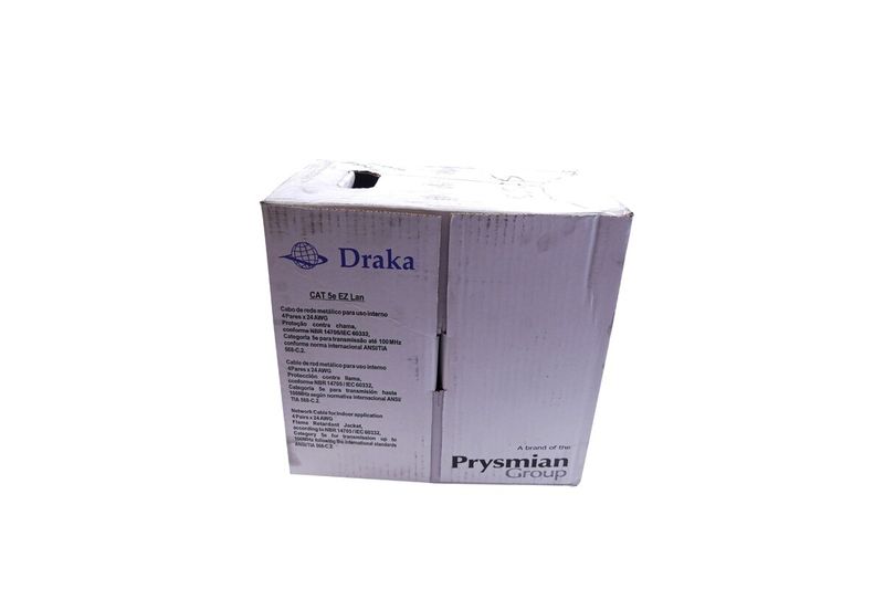 Cable UTP caja Draka gris Cat5e CM, vista posterior de la caja con especificaciones técnicas y logo de Prysmian Group