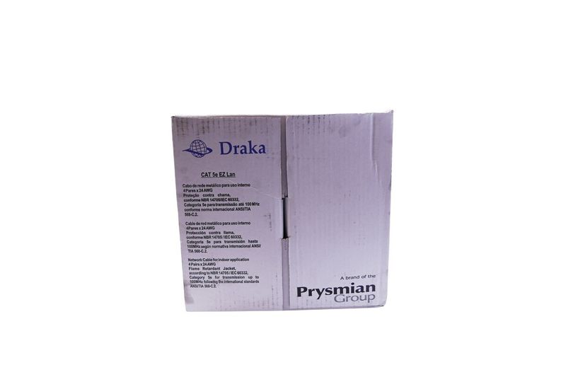 Cable UTP caja Draka gris Cat5e CM, vista frontal de la caja de cartón con especificaciones técnicas