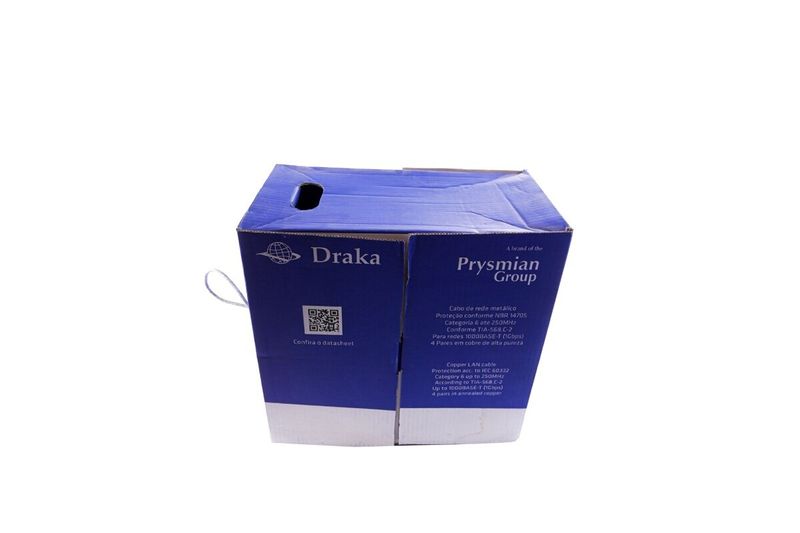 Cable UTP caja Draka gris Cat6 CM, vista frontal del empaque con especificaciones técnicas y código QR