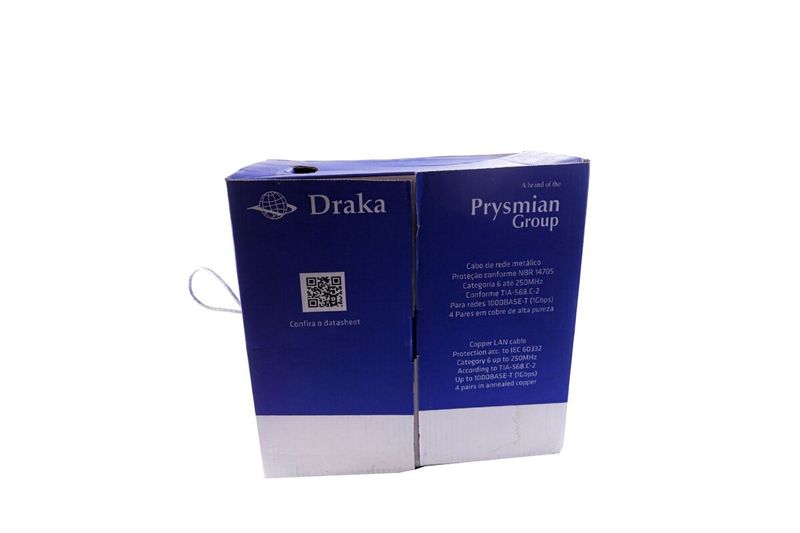 Cable UTP caja Draka gris Cat6 CM, empaque de cartón azul y blanco con especificaciones técnicas y código QR