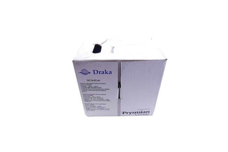 Cable UTP caja Draka azul Cat5e CM, vista frontal de la caja de cartón con especificaciones técnicas impresas