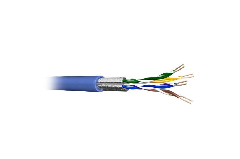 Cable UTP caja Draka azul Cat6 LSZH, corte transversal que muestra el recubrimiento azul y los pares de hilos internos
