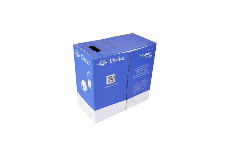 Cable UTP caja Draka azul CAT6 CM, empaque de cartón azul y blanco con logotipo y código QR