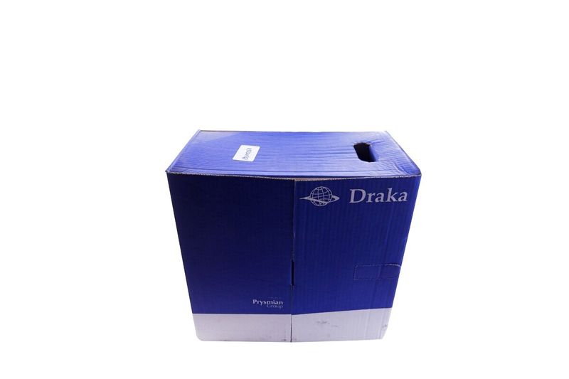 Cable UTP caja Draka azul Cat6 CM, caja de cartón azul cerrada con logotipo blanco y asa lateral