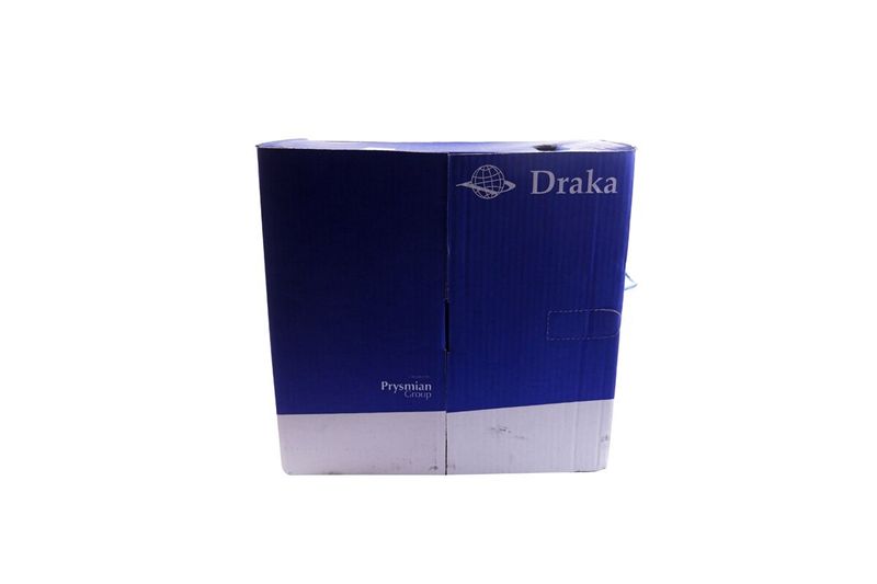 Cable UTP caja Draka azul Cat6 CM, caja de cartón azul con logotipos de Draka y Prysmian Group