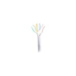 Cable UTP caja Draka gris Cat6 LSZH, primer plano del extremo pelado mostrando los pares de hilos internos de colores