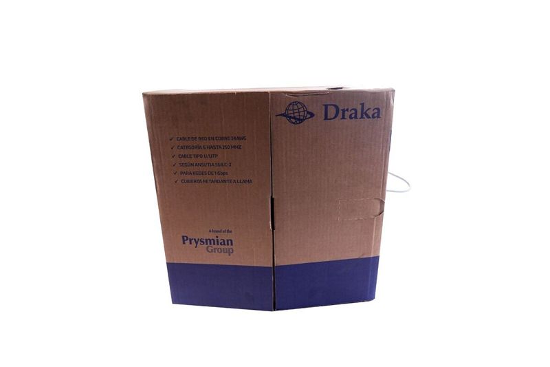 Cable UTP caja Draka gris Cat6 LSZH, vista frontal de la caja de cartón marrón con especificaciones técnicas