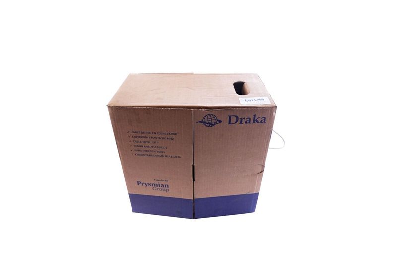 Cable UTP caja Draka gris Cat6 LSZH, vista frontal de la caja de cartón con especificaciones técnicas y logo de la marca