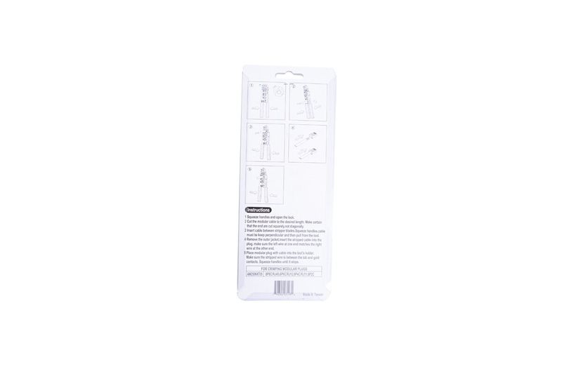 Tenaza prensa conector RJ-45 básica Nexxt, parte posterior del empaque con instrucciones de uso y diagramas